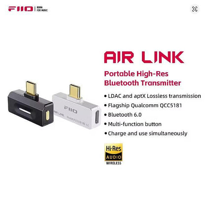 FiiO Air Link High-Resolution Bluetooth 6.0 USB-C Transmitter with QCC5181, LDAC & aptX Lossless, Silver