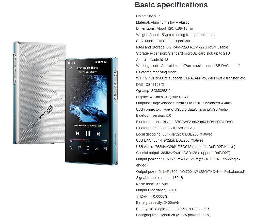 FiiO JadeAudio JM21 Portable Hi-Res Android 13 Music Player with Snapdragon 680, Dual CS43198 DAC & 700mW Balanced Output, Black. NEW 4+64 BATTERY CAPACITY 3100 mAh