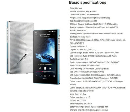 FiiO JadeAudio JM21 Portable Hi-Res Android 13 Music Player with Snapdragon 680, Dual CS43198 DAC & 700mW Balanced Output, Black. NEW 4+64 BATTERY CAPACITY 3100 mAh