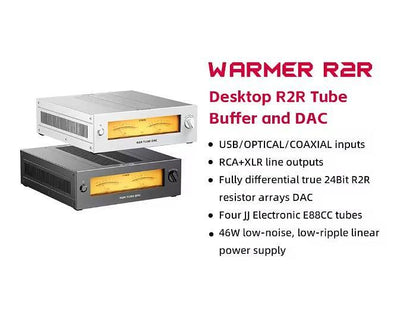 FiiO WARMER R2R Tube DAC/Amp – Fully Balanced 24-Bit R2R, JJ E88CC Tube Buffer, USB/Optical/Coaxial In, RCA & XLR Out, Silver. Available